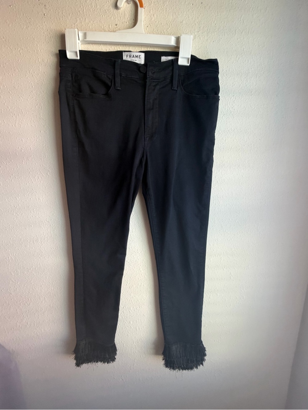 Frame Denim Black Ankle Jeans with Fringed Hem